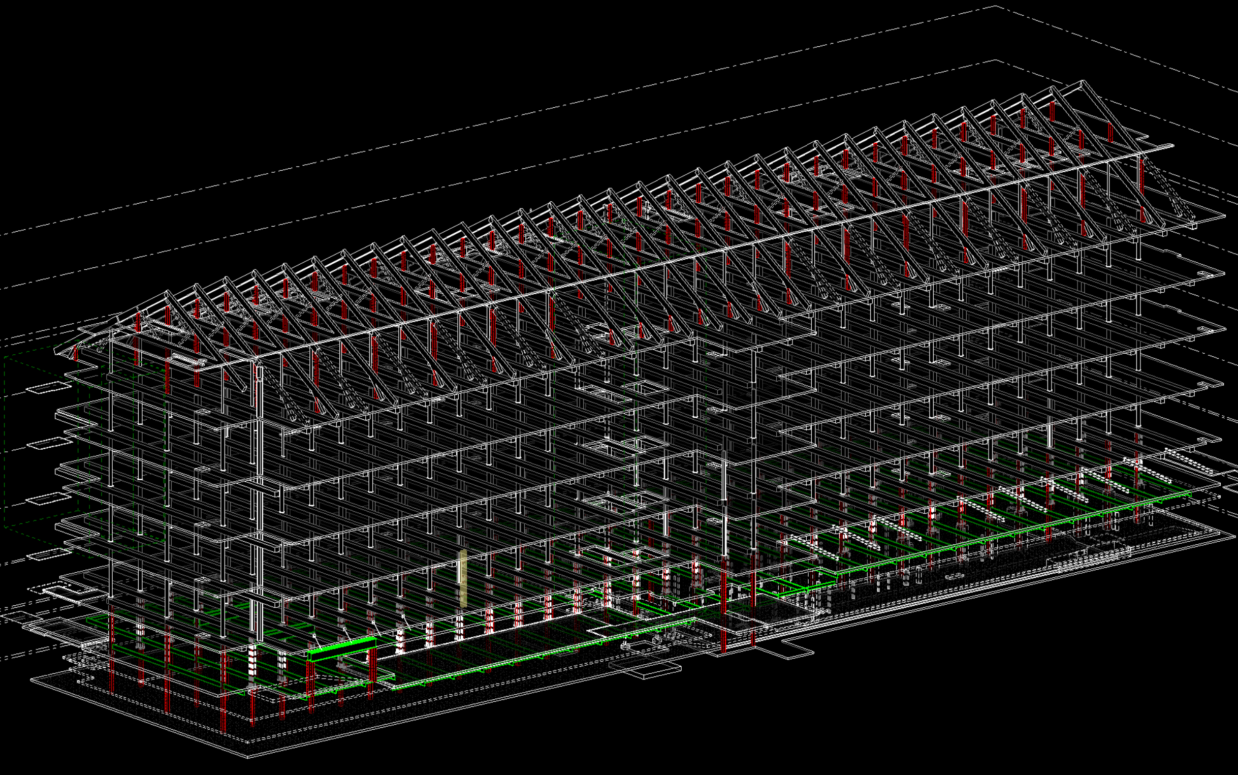 3d structural model showing new elements in red and green